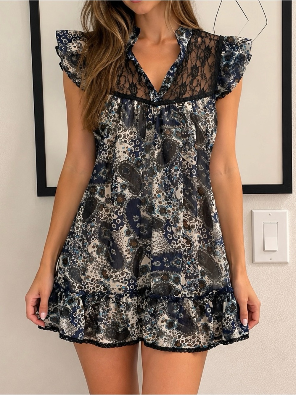 Floral Lace Yoke Navy and Cream Ruffle Mini Dress